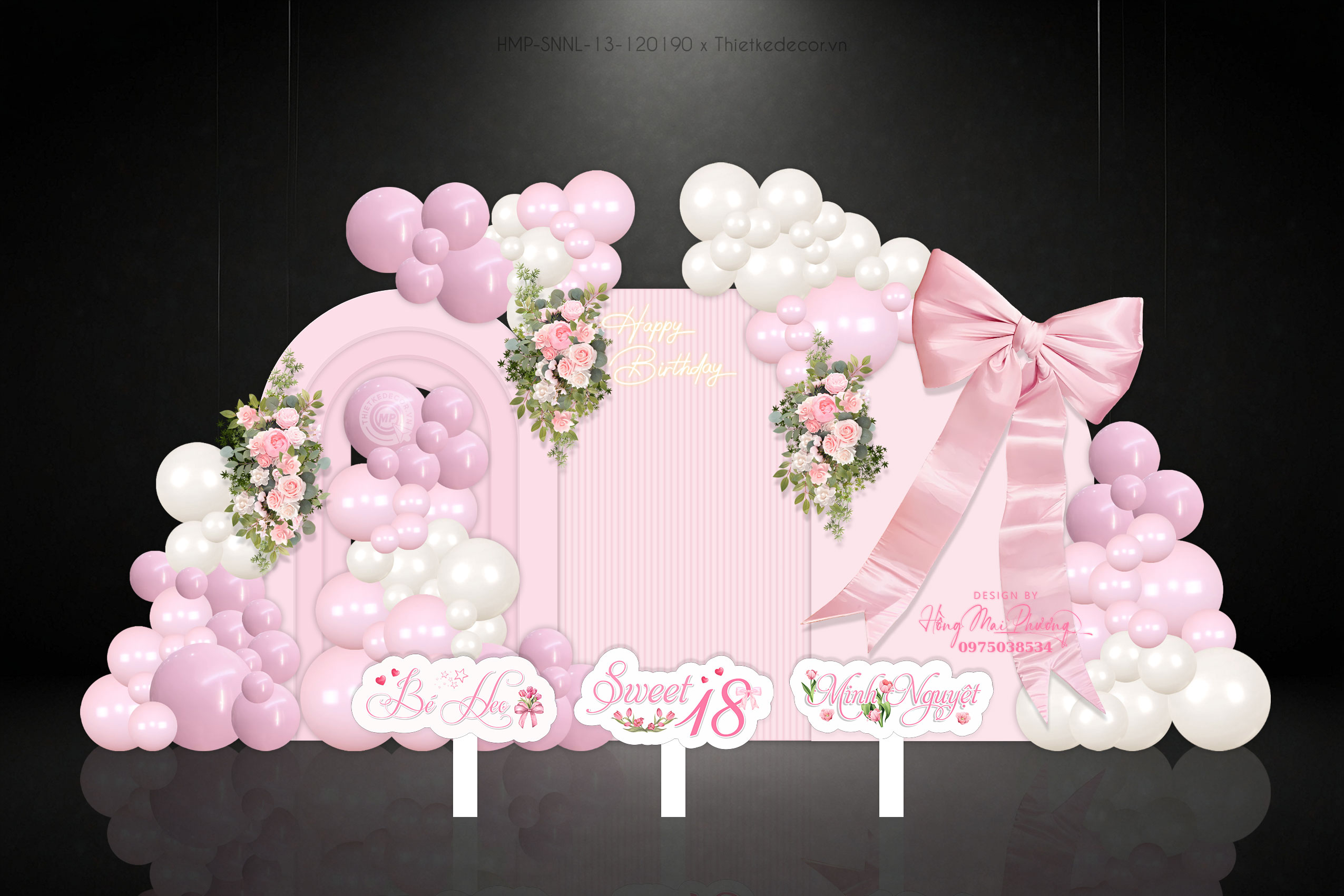 Sinh nhật người lớn - bé gái 18 tuổi. Lễ trưởng thành tone hồng đính nơ xinh